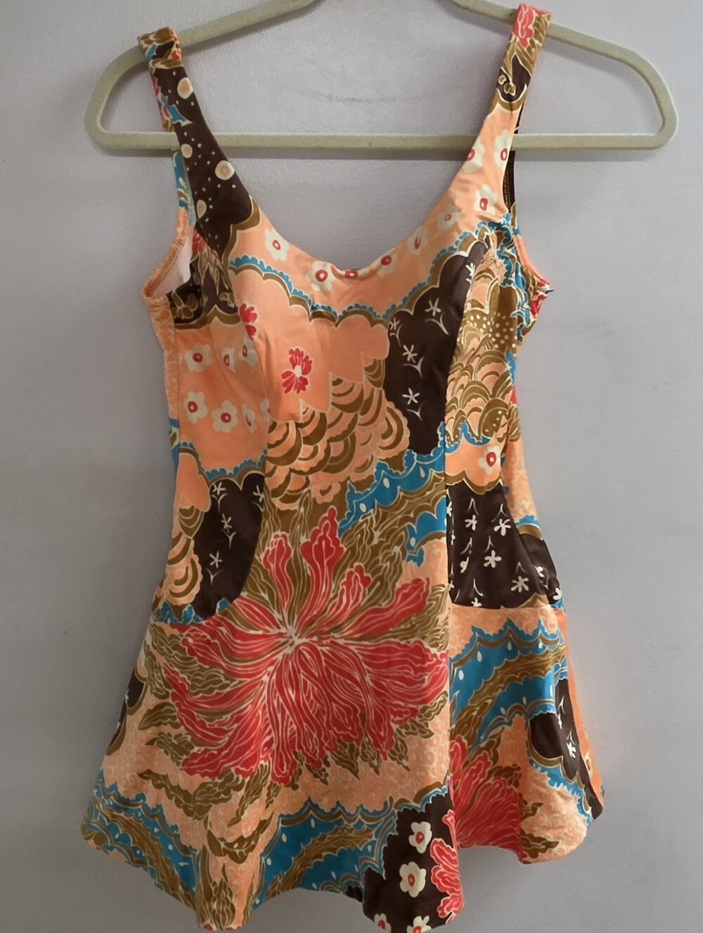 Peach Floral One-Piece Swimdress with Multicolor Print
